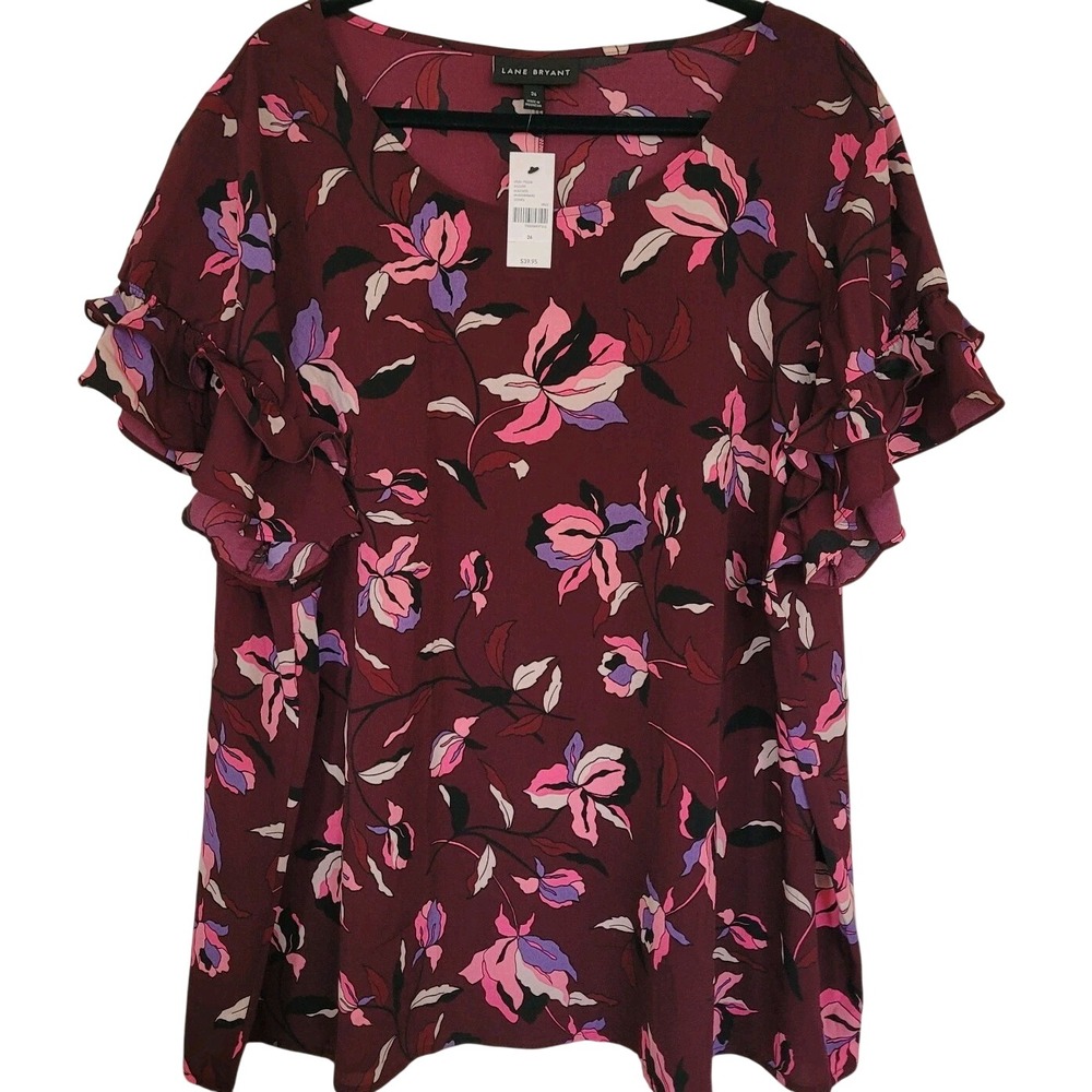 NWT Lane Bryant Floral Ruffle Sleeve Scoop Blouse Burgundy Pink Purple Sz 26